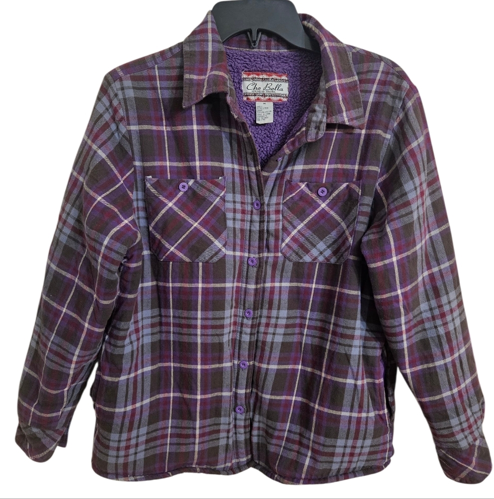 Che Bella Maxxsel Shacket Sherpa Flannel Shirt Purple Plaid Sz M